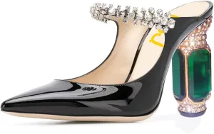 FSJ Women Crystal Chunky Heeled Mules Wedding Sandals Rhinestone Strappy Pumps Pointed Toe Fashion Slippers Slip On Bridal Shoes Size 4-15 US