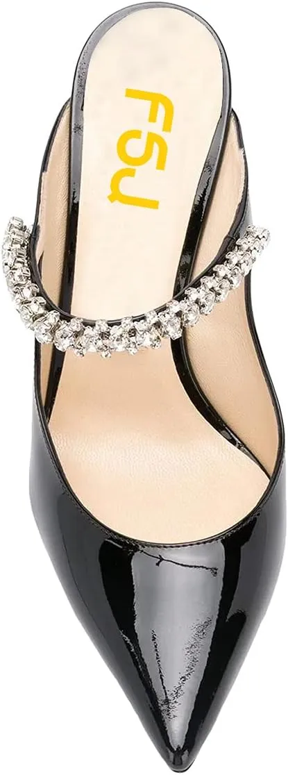 FSJ Women Crystal Chunky Heeled Mules Wedding Sandals Rhinestone Strappy Pumps Pointed Toe Fashion Slippers Slip On Bridal Shoes Size 4-15 US
