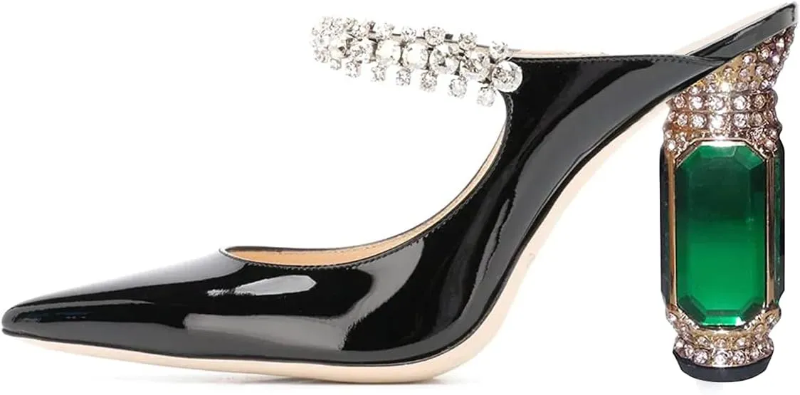 FSJ Women Crystal Chunky Heeled Mules Wedding Sandals Rhinestone Strappy Pumps Pointed Toe Fashion Slippers Slip On Bridal Shoes Size 4-15 US