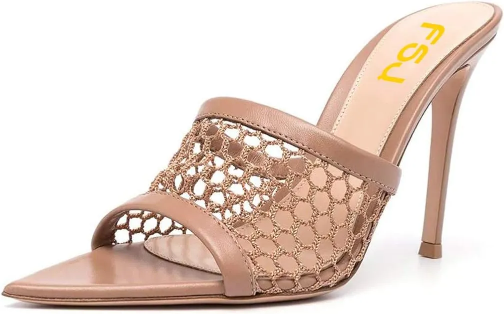 FSJ Women Fashion Mid High Heels Sandals Suede Slip on Open Toe Mules Sexy Summer Casual Slide Shoes Size 4-15 US