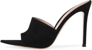 FSJ Women Fashion Mid High Heels Sandals Suede Slip on Open Toe Mules Sexy Summer Casual Slide Shoes Size 4-15 US