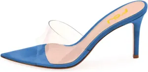 FSJ Women Fashion Mid High Heels Sandals Suede Slip on Open Toe Mules Sexy Summer Casual Slide Shoes Size 4-15 US