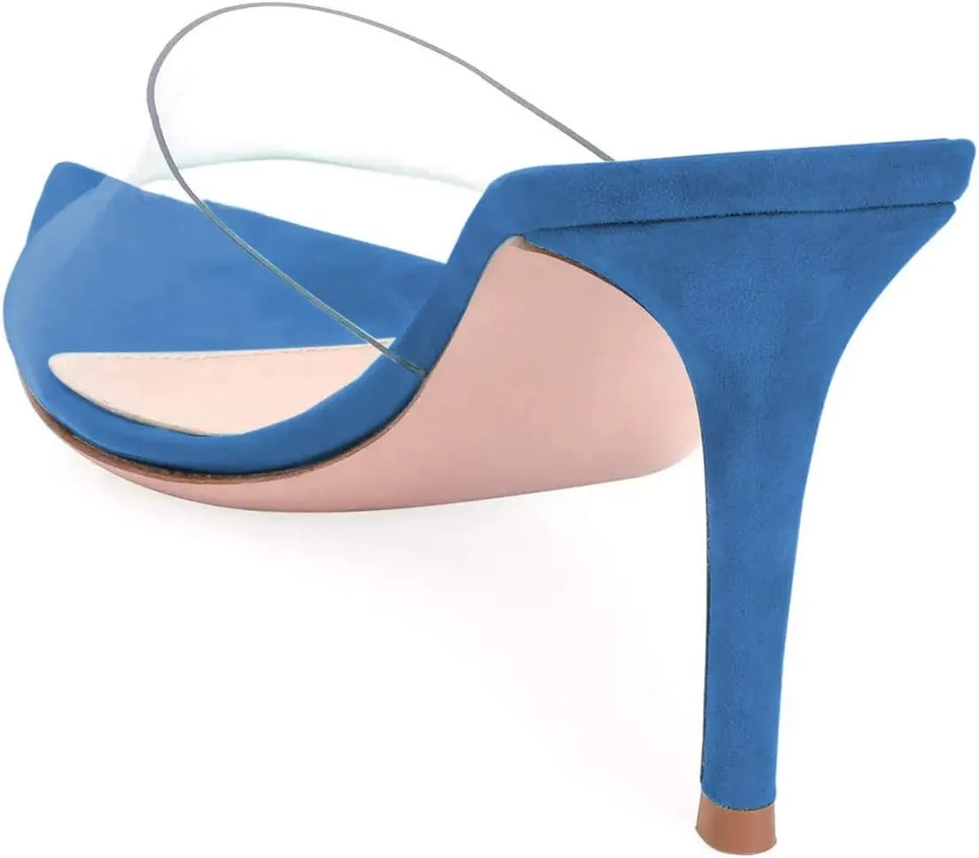 FSJ Women Fashion Mid High Heels Sandals Suede Slip on Open Toe Mules Sexy Summer Casual Slide Shoes Size 4-15 US