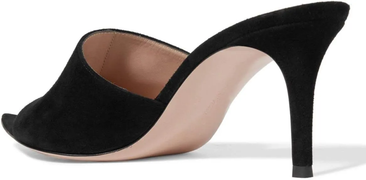 FSJ Women Fashion Mid High Heels Sandals Suede Slip on Open Toe Mules Sexy Summer Casual Slide Shoes Size 4-15 US