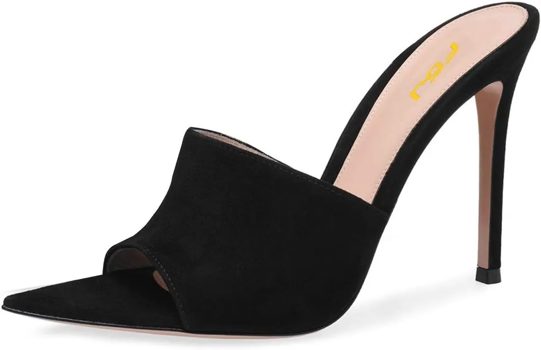 FSJ Women Fashion Mid High Heels Sandals Suede Slip on Open Toe Mules Sexy Summer Casual Slide Shoes Size 4-15 US