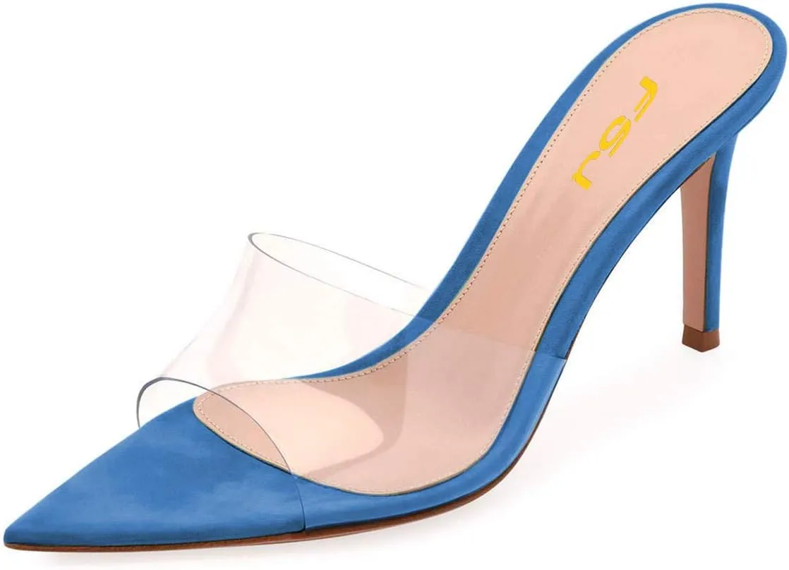 FSJ Women Fashion Mid High Heels Sandals Suede Slip on Open Toe Mules Sexy Summer Casual Slide Shoes Size 4-15 US
