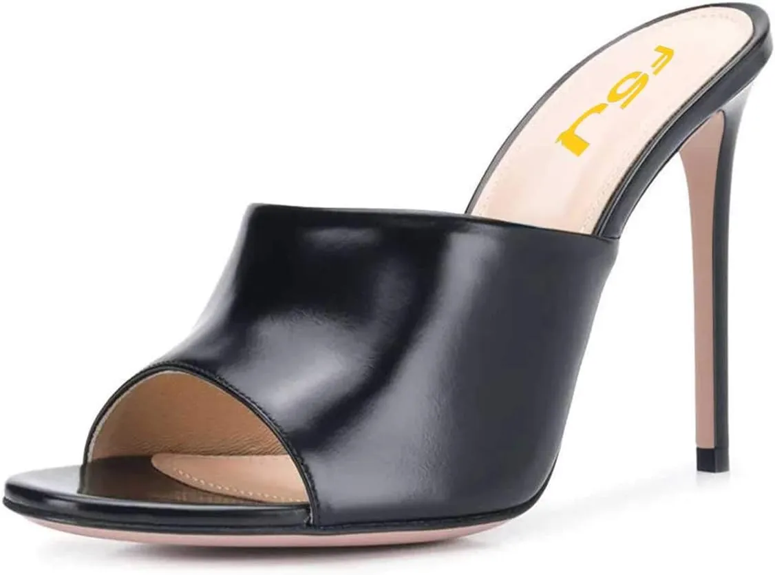 FSJ Women Fashion Mid High Heels Sandals Suede Slip on Open Toe Mules Sexy Summer Casual Slide Shoes Size 4-15 US