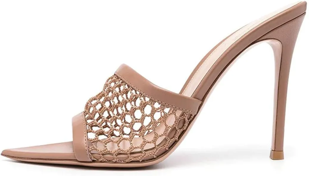 FSJ Women Fashion Mid High Heels Sandals Suede Slip on Open Toe Mules Sexy Summer Casual Slide Shoes Size 4-15 US