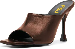 FSJ Women Fashion Spool Heel Mules Squared Open Toe Comfortable Slip On Mid High Heels Sandals Casual Evening Party Shoes Size 4-15 US
