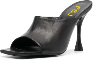 FSJ Women Fashion Spool Heel Mules Squared Open Toe Comfortable Slip On Mid High Heels Sandals Casual Evening Party Shoes Size 4-15 US