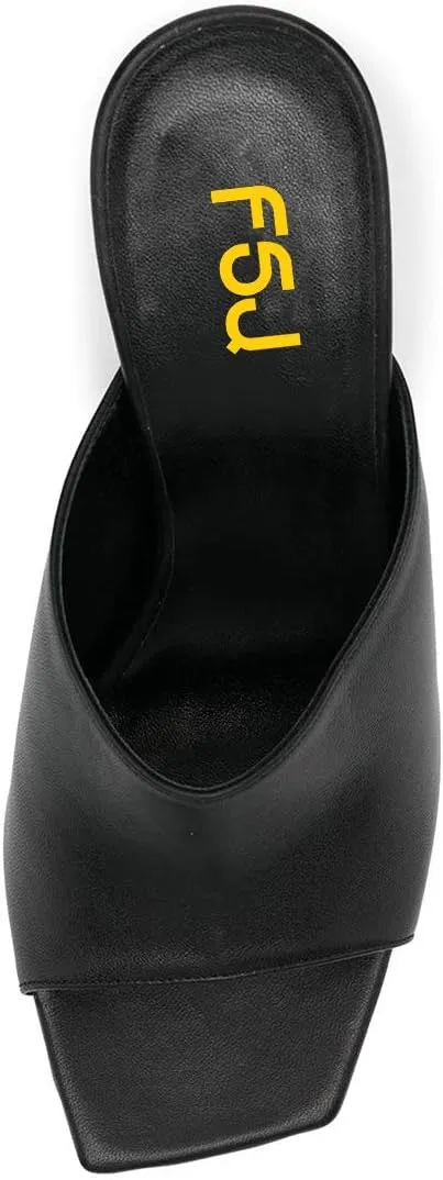 FSJ Women Fashion Spool Heel Mules Squared Open Toe Comfortable Slip On Mid High Heels Sandals Casual Evening Party Shoes Size 4-15 US