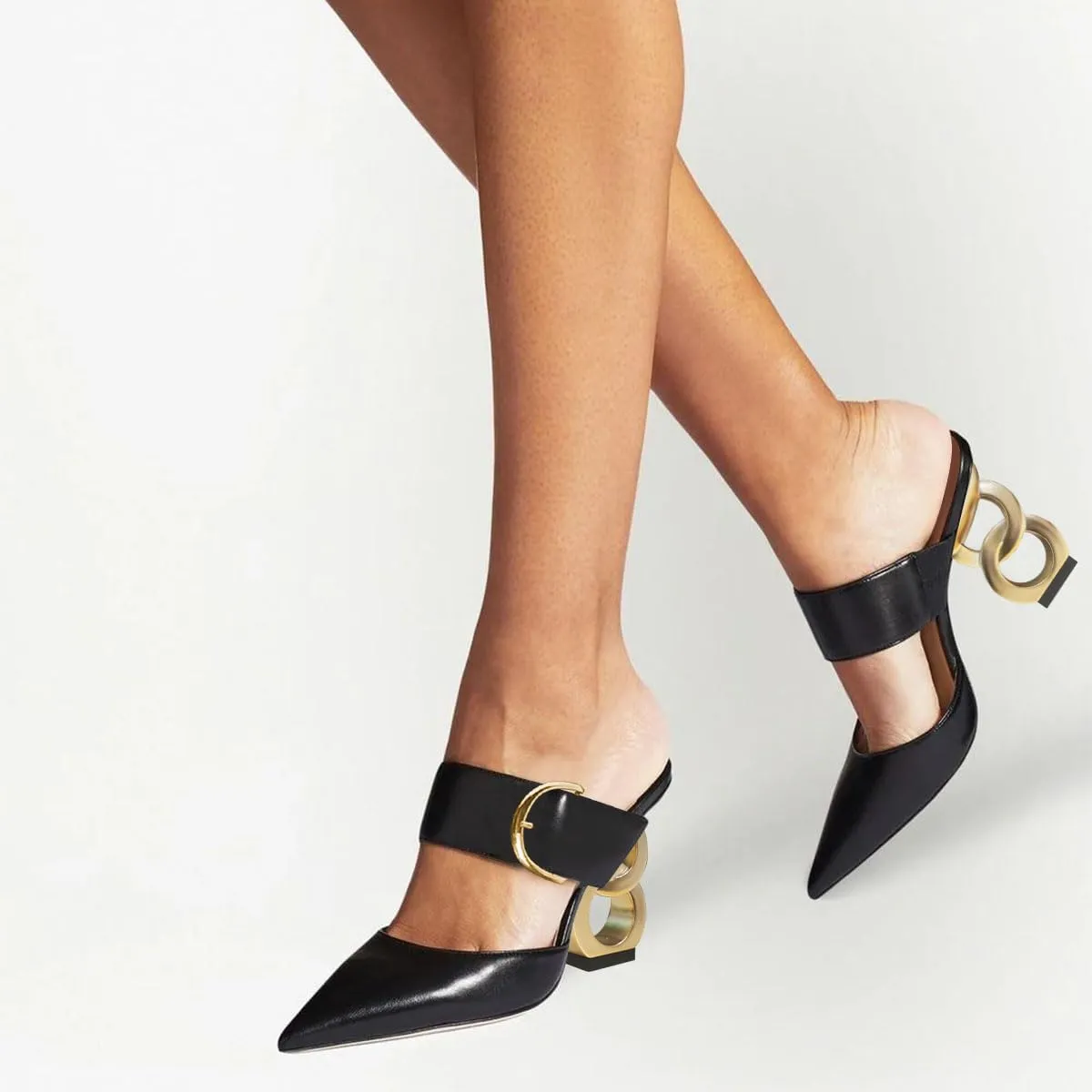 FSJ Women Graceful Pointed Toe Gold Chain High Heel Mules Slip On Backless Ladies Dance Date Summer Vacation Shoes Size 4-16 US