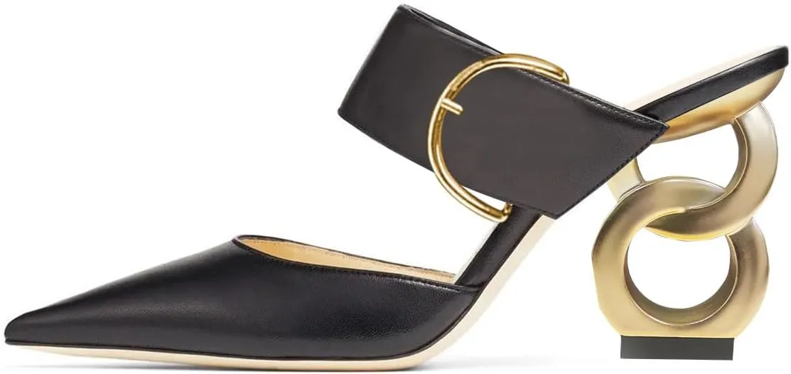 FSJ Women Graceful Pointed Toe Gold Chain High Heel Mules Slip On Backless Ladies Dance Date Summer Vacation Shoes Size 4-16 US