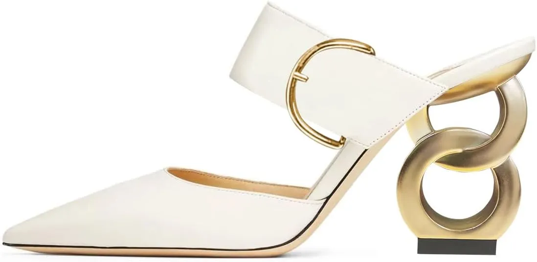 FSJ Women Graceful Pointed Toe Gold Chain High Heel Mules Slip On Backless Ladies Dance Date Summer Vacation Shoes Size 4-16 US