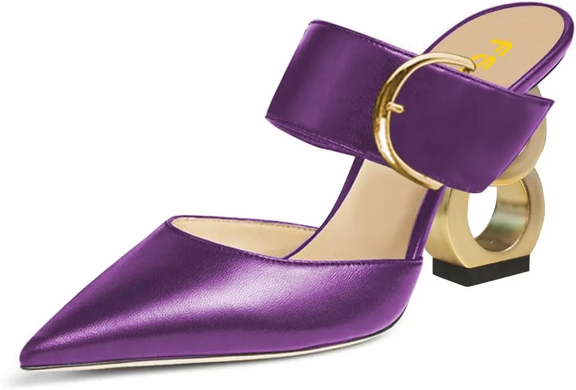 FSJ Women Graceful Pointed Toe Gold Chain High Heel Mules Slip On Backless Ladies Dance Date Summer Vacation Shoes Size 4-16 US