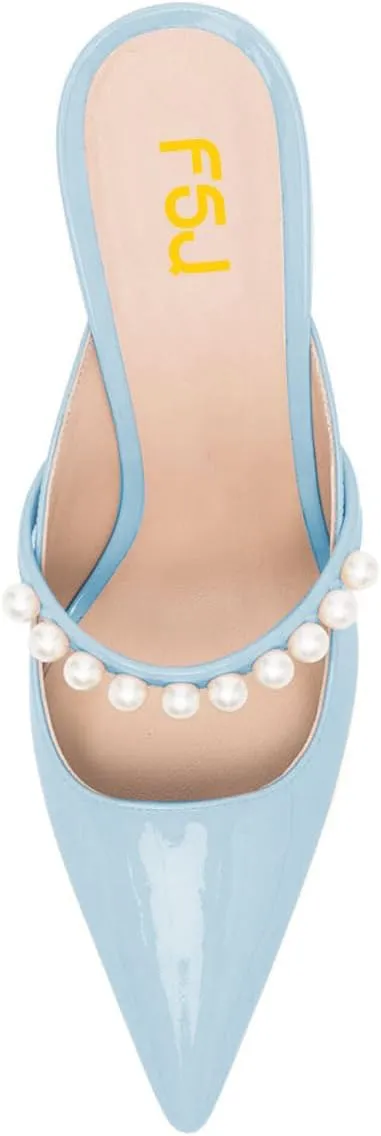 FSJ Women Graceful Pointed Toe Pearls Strap Mules Slip On Pearls High Heel Backless Ladies Summer Party Dance Shoes Size 4-16 US