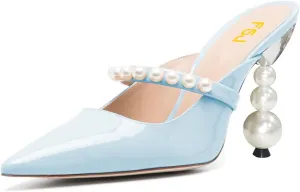 FSJ Women Graceful Pointed Toe Pearls Strap Mules Slip On Pearls High Heel Backless Ladies Summer Party Dance Shoes Size 4-16 US
