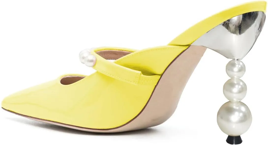 FSJ Women Graceful Pointed Toe Pearls Strap Mules Slip On Pearls High Heel Backless Ladies Summer Party Dance Shoes Size 4-16 US