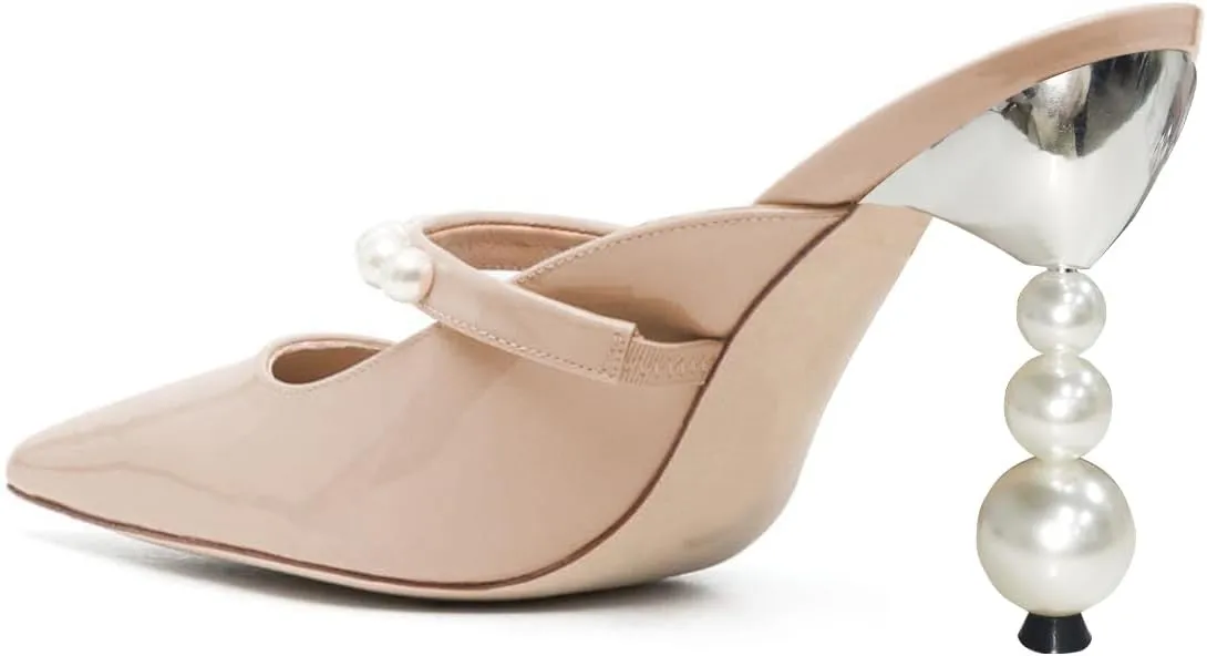 FSJ Women Graceful Pointed Toe Pearls Strap Mules Slip On Pearls High Heel Backless Ladies Summer Party Dance Shoes Size 4-16 US