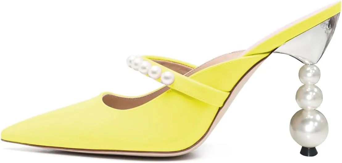 FSJ Women Graceful Pointed Toe Pearls Strap Mules Slip On Pearls High Heel Backless Ladies Summer Party Dance Shoes Size 4-16 US