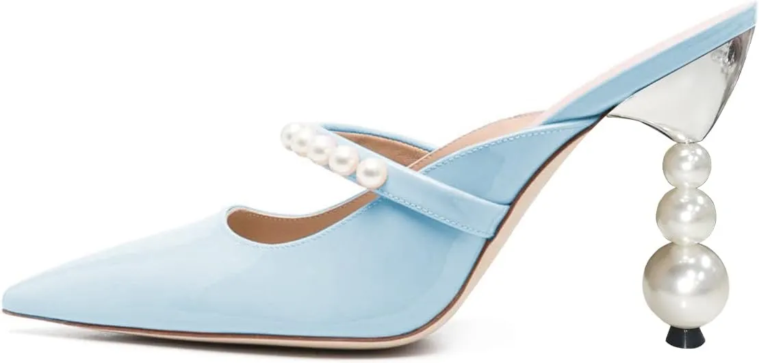 FSJ Women Graceful Pointed Toe Pearls Strap Mules Slip On Pearls High Heel Backless Ladies Summer Party Dance Shoes Size 4-16 US
