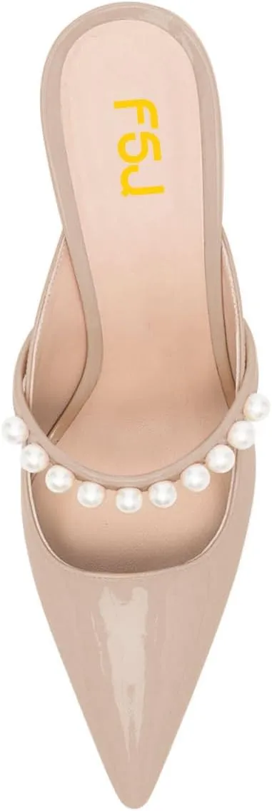 FSJ Women Graceful Pointed Toe Pearls Strap Mules Slip On Pearls High Heel Backless Ladies Summer Party Dance Shoes Size 4-16 US