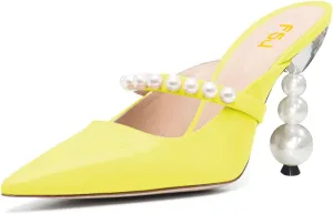 FSJ Women Graceful Pointed Toe Pearls Strap Mules Slip On Pearls High Heel Backless Ladies Summer Party Dance Shoes Size 4-16 US