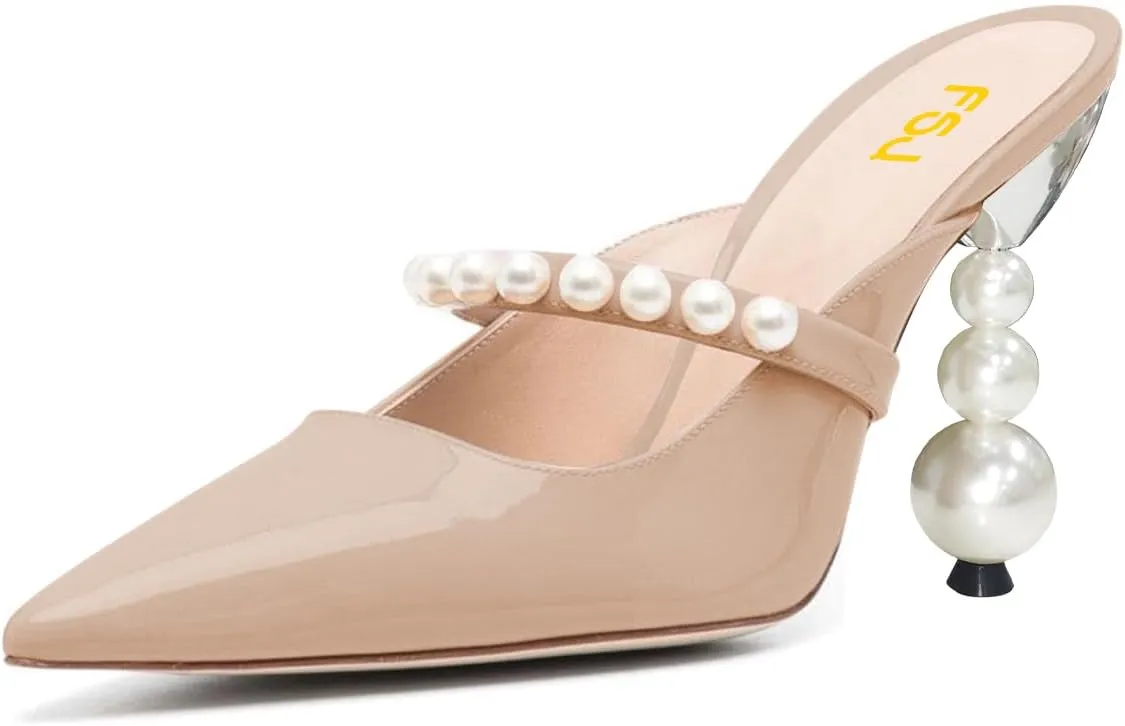 FSJ Women Graceful Pointed Toe Pearls Strap Mules Slip On Pearls High Heel Backless Ladies Summer Party Dance Shoes Size 4-16 US