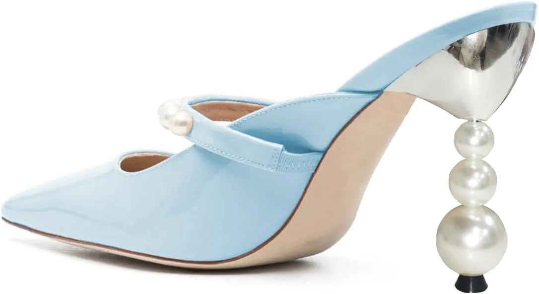 FSJ Women Graceful Pointed Toe Pearls Strap Mules Slip On Pearls High Heel Backless Ladies Summer Party Dance Shoes Size 4-16 US
