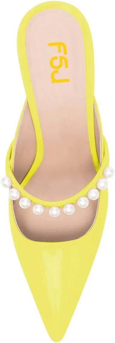 FSJ Women Graceful Pointed Toe Pearls Strap Mules Slip On Pearls High Heel Backless Ladies Summer Party Dance Shoes Size 4-16 US