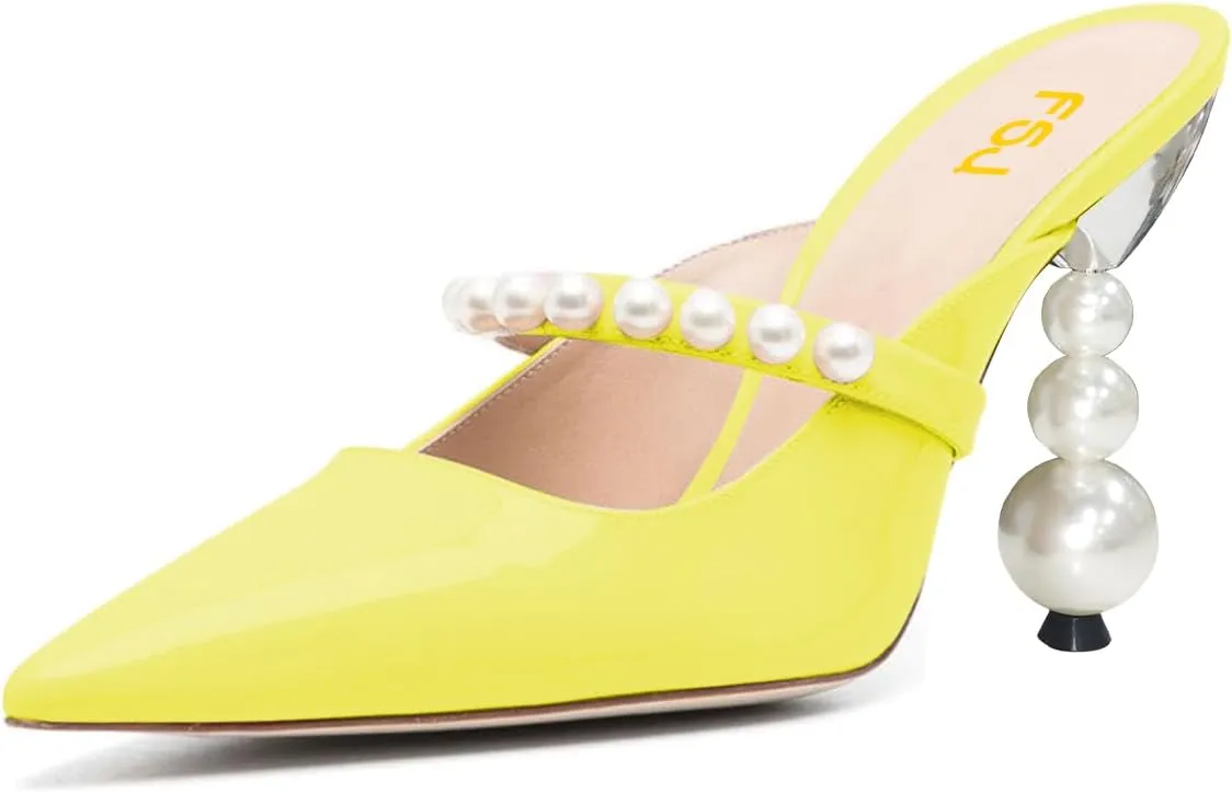 FSJ Women Graceful Pointed Toe Pearls Strap Mules Slip On Pearls High Heel Backless Ladies Summer Party Dance Shoes Size 4-16 US