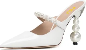 FSJ Women Graceful Pointed Toe Pearls Strap Mules Slip On Pearls High Heel Backless Ladies Summer Party Dance Shoes Size 4-16 US