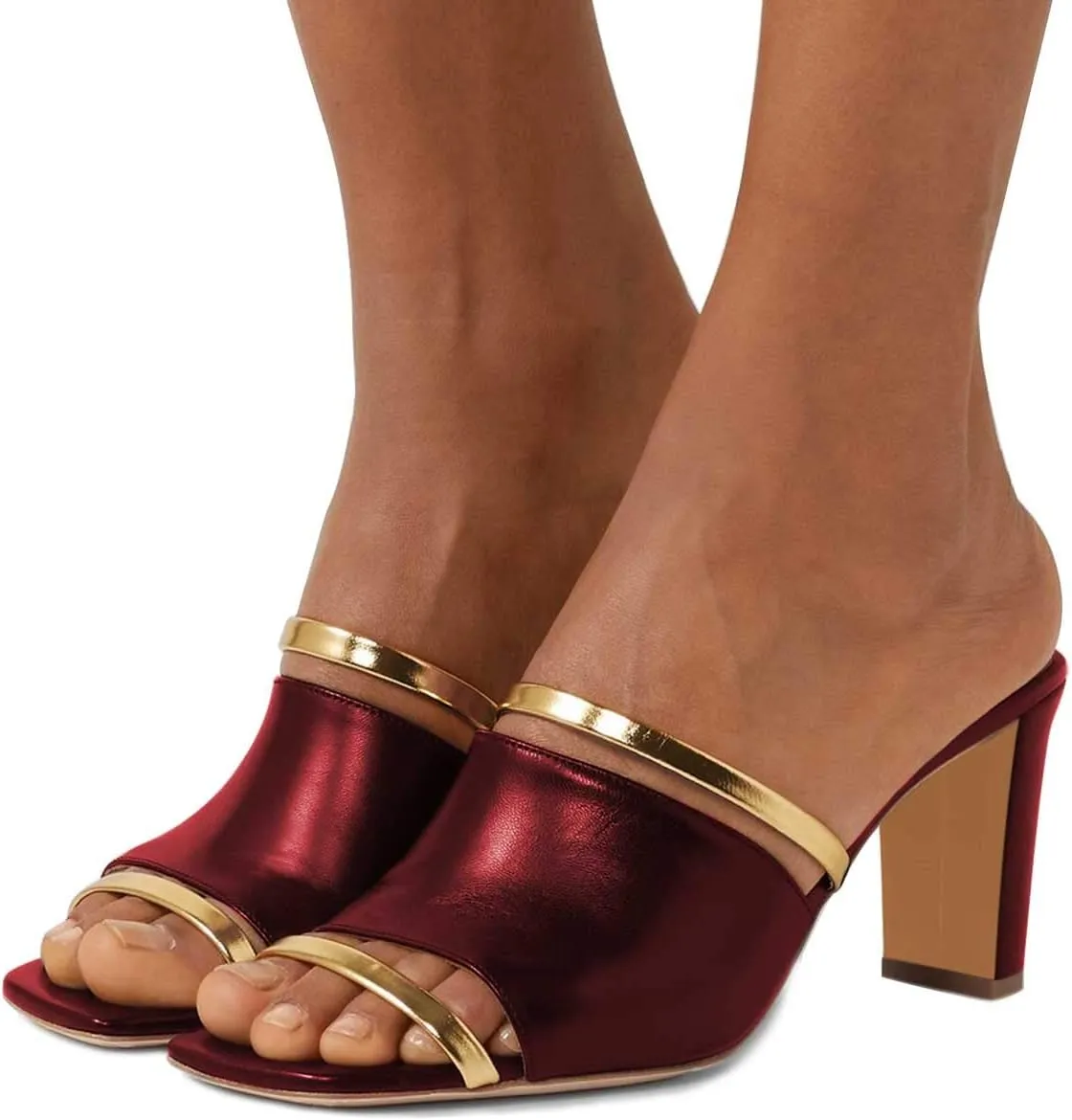 FSJ Women Open Peep Toe High Heel Slide Sandals Backless Slip on Clog Mules Gold Band Casual Shoes Size 4-15 US