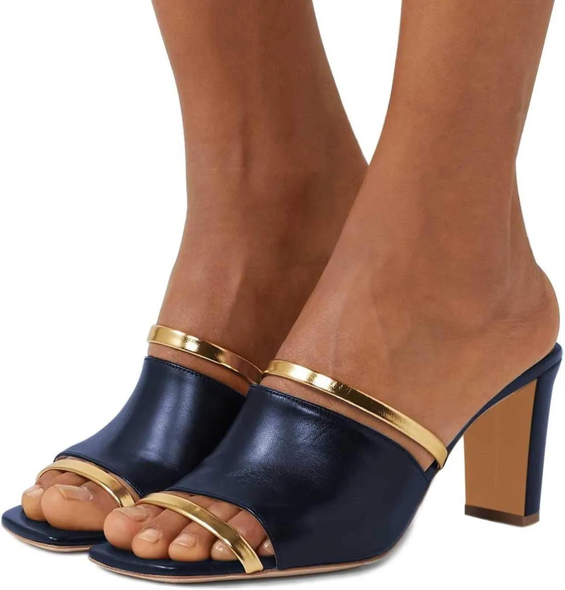 FSJ Women Open Peep Toe High Heel Slide Sandals Backless Slip on Clog Mules Gold Band Casual Shoes Size 4-15 US