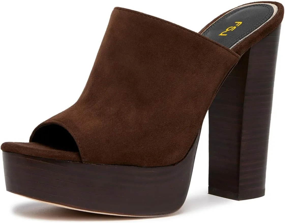 FSJ Women Open Toe Mules Platform Clogs Block High Heel Slides Sandal Wooden Chunky Heel Casual Summer Dressy Slippers Shoes Size 4-16 US