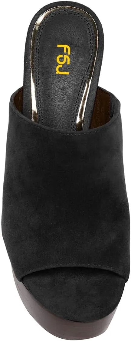 FSJ Women Open Toe Mules Platform Clogs Block High Heel Slides Sandal Wooden Chunky Heel Casual Summer Dressy Slippers Shoes Size 4-16 US