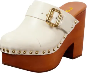 FSJ Women Studded Platform Clogs Mules Chunky Block High Heel Sandals Slip On Round Toe Rivet Casual Slippers Shoes Size 4-16 US