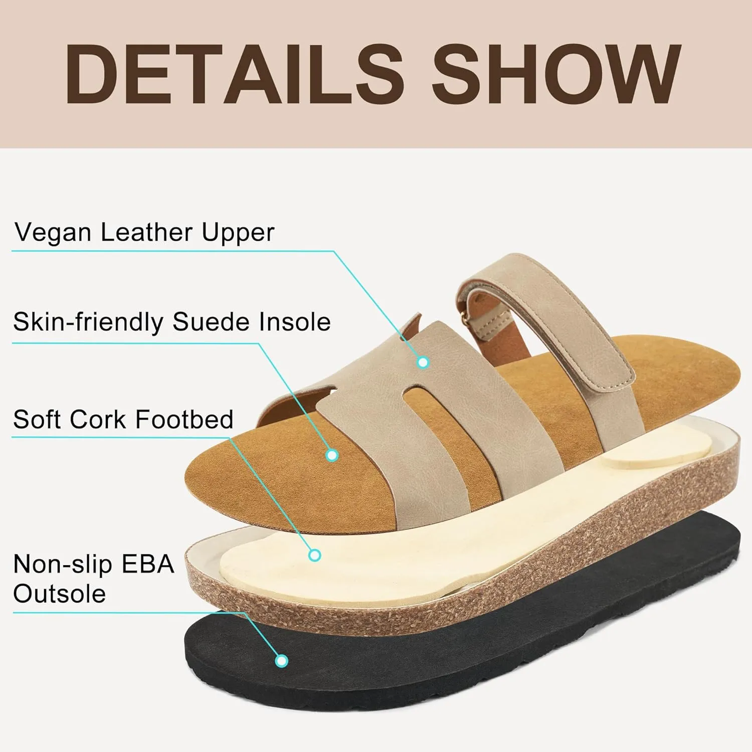 FUDYNMALC Womens Slides Sandals with Cork Footbed: Summer Beach Flat Shoes Adjustable Comfortable Dressy Walking Footwear 2025