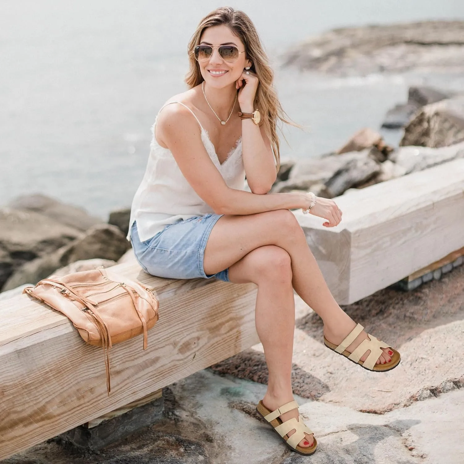 FUDYNMALC Womens Slides Sandals with Cork Footbed: Summer Beach Flat Shoes Adjustable Comfortable Dressy Walking Footwear 2025