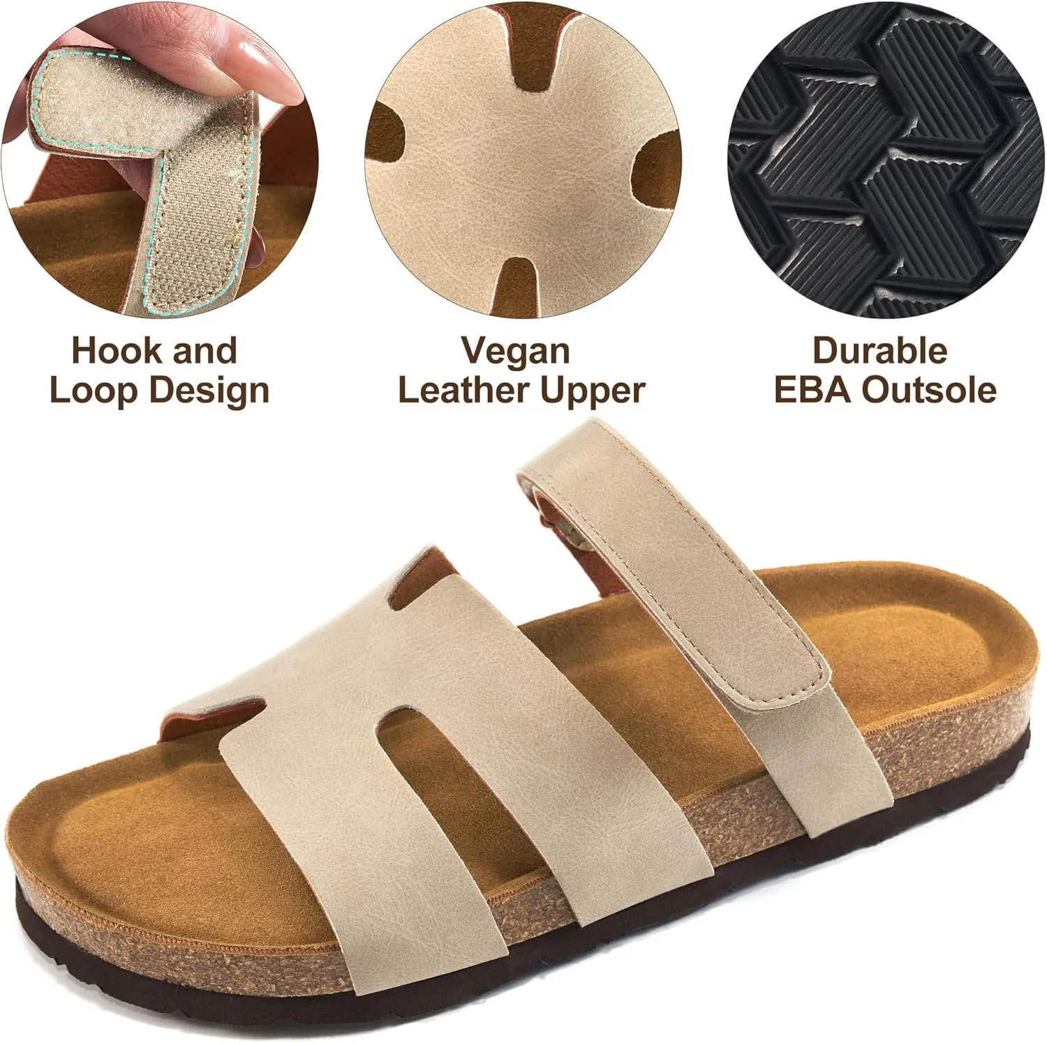 FUDYNMALC Womens Slides Sandals with Cork Footbed: Summer Beach Flat Shoes Adjustable Comfortable Dressy Walking Footwear 2025