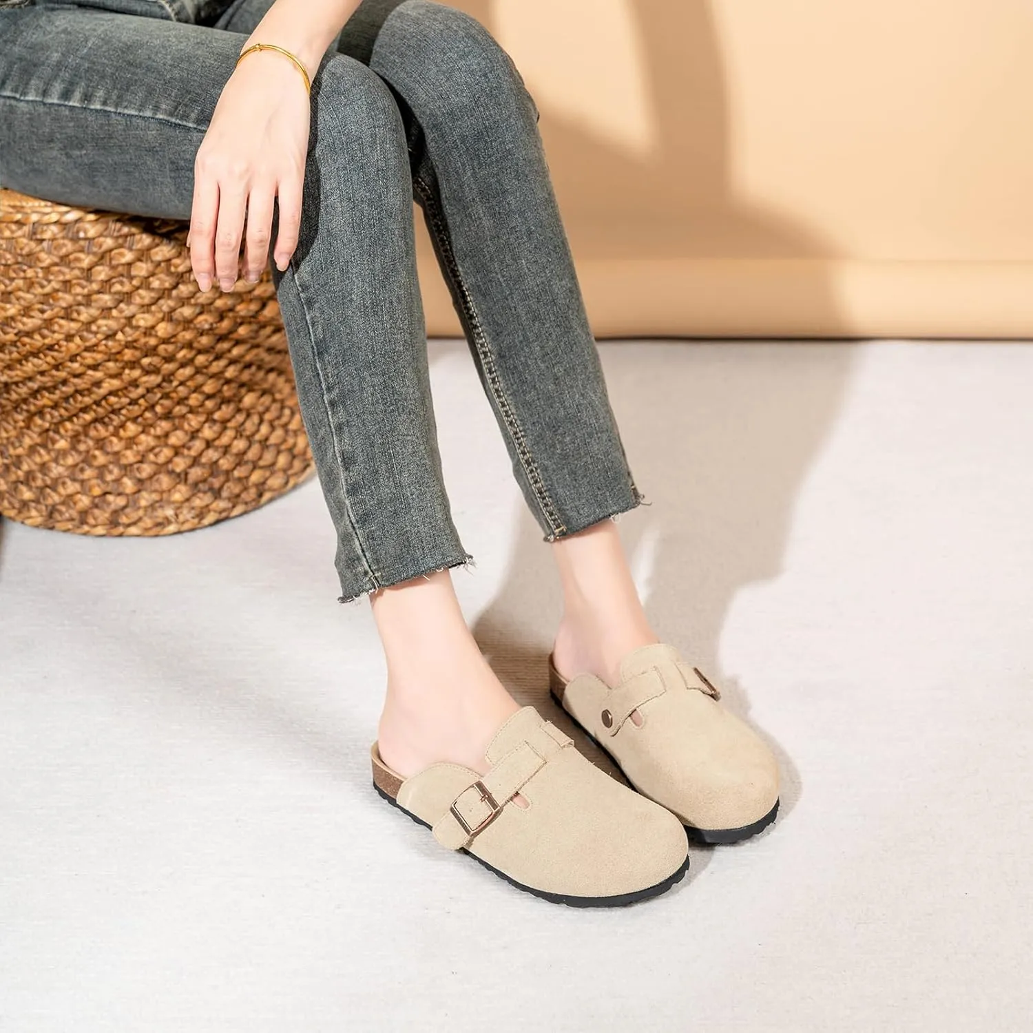 Full Range of Sizes Women's and Men's Cork Suede Clogs and Mules,Soft Leather Sandal,House Slipper,Skin-Friendly Footbed,Adjustable Buckle,Arch Support,Pink 6