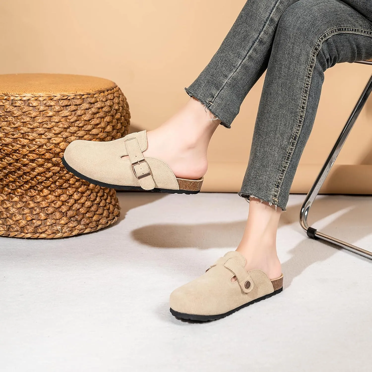 Full Range of Sizes Women's and Men's Cork Suede Clogs and Mules,Soft Leather Sandal,House Slipper,Skin-Friendly Footbed,Adjustable Buckle,Arch Support,Pink 6