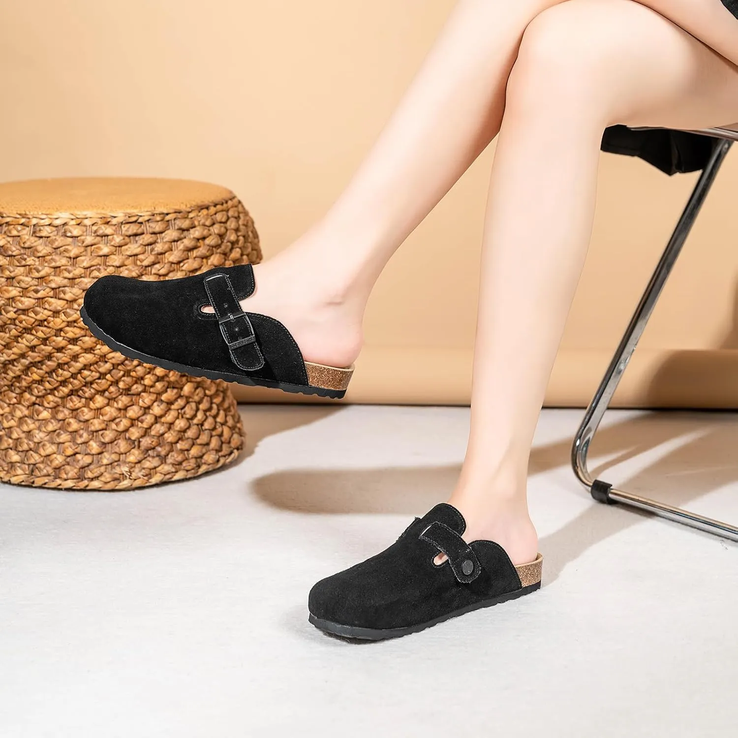 Full Range of Sizes Women's and Men's Cork Suede Clogs and Mules,Soft Leather Sandal,House Slipper,Skin-Friendly Footbed,Adjustable Buckle,Arch Support,Pink 6