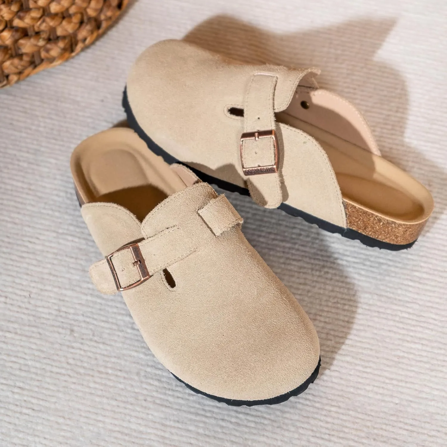 Full Range of Sizes Women's and Men's Cork Suede Clogs and Mules,Soft Leather Sandal,House Slipper,Skin-Friendly Footbed,Adjustable Buckle,Arch Support,Pink 6