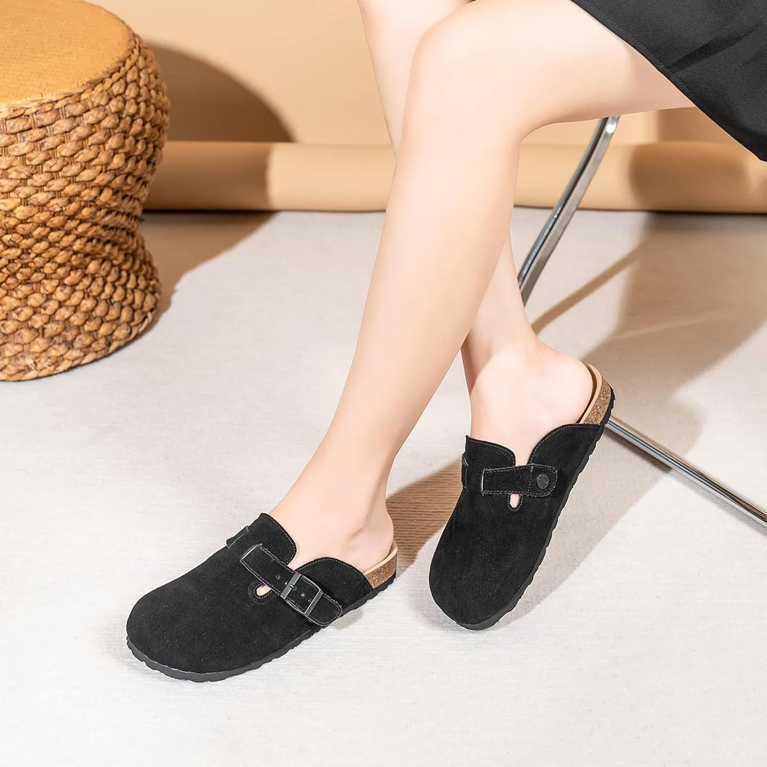 Full Range of Sizes Women's and Men's Cork Suede Clogs and Mules,Soft Leather Sandal,House Slipper,Skin-Friendly Footbed,Adjustable Buckle,Arch Support,Pink 6