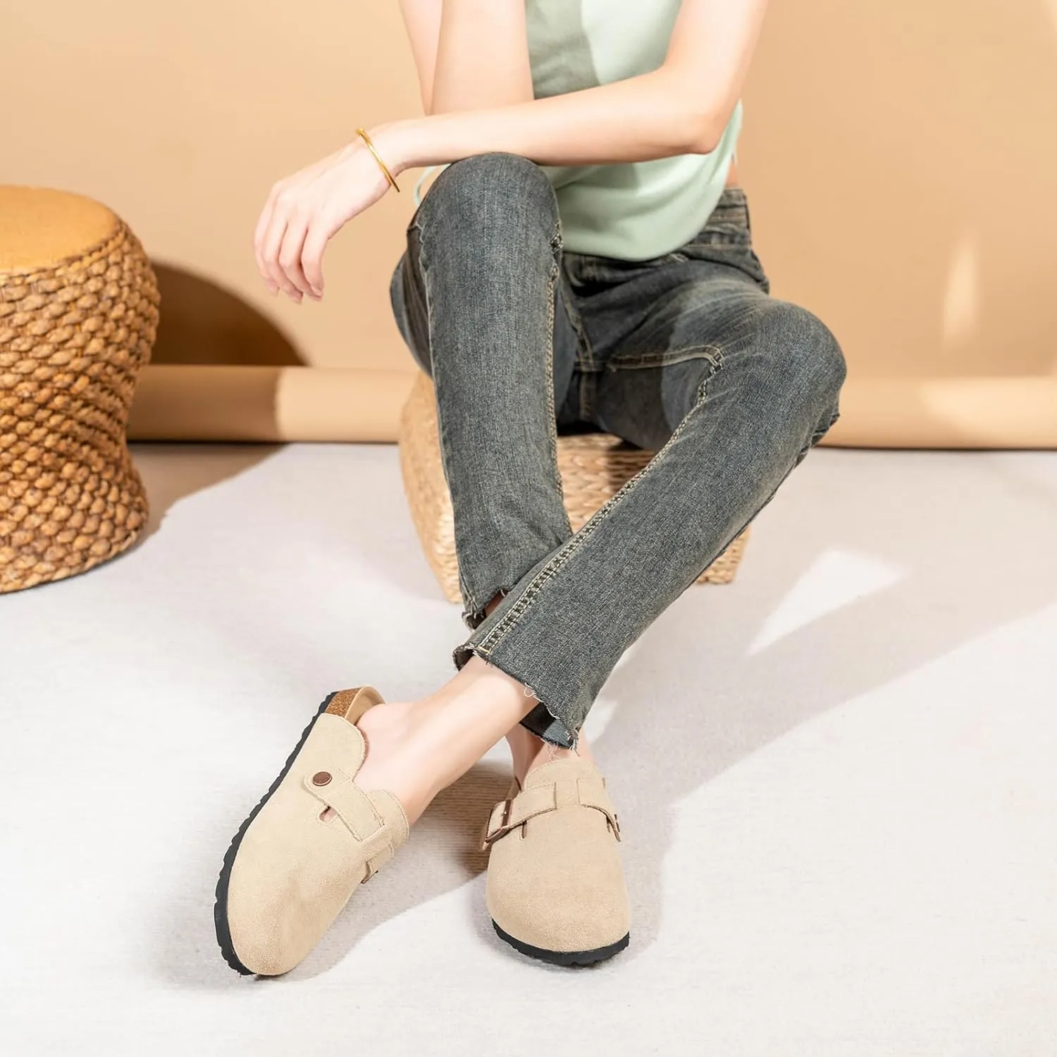 Full Range of Sizes Women's and Men's Cork Suede Clogs and Mules,Soft Leather Sandal,House Slipper,Skin-Friendly Footbed,Adjustable Buckle,Arch Support,Pink 6