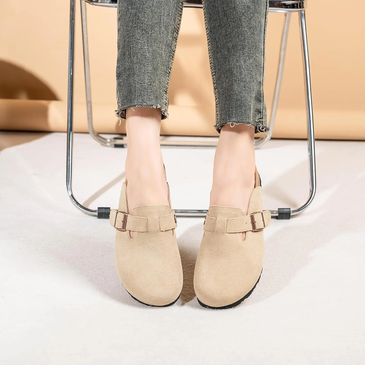 Full Range of Sizes Women's and Men's Cork Suede Clogs and Mules,Soft Leather Sandal,House Slipper,Skin-Friendly Footbed,Adjustable Buckle,Arch Support,Pink 6