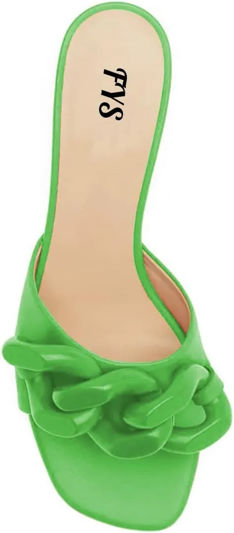 FYS Women Chain Square Open Toe Slip On Mules Low Kitten Heel Strappy Slide Sandals Summer Holiday Parety Dtress Shoes Size 4-15 US