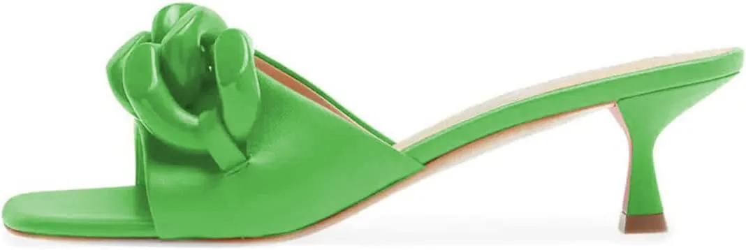 FYS Women Chain Square Open Toe Slip On Mules Low Kitten Heel Strappy Slide Sandals Summer Holiday Parety Dtress Shoes Size 4-15 US