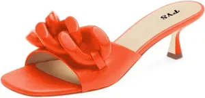 FYS Women Chain Square Open Toe Slip On Mules Low Kitten Heel Strappy Slide Sandals Summer Holiday Parety Dtress Shoes Size 4-15 US